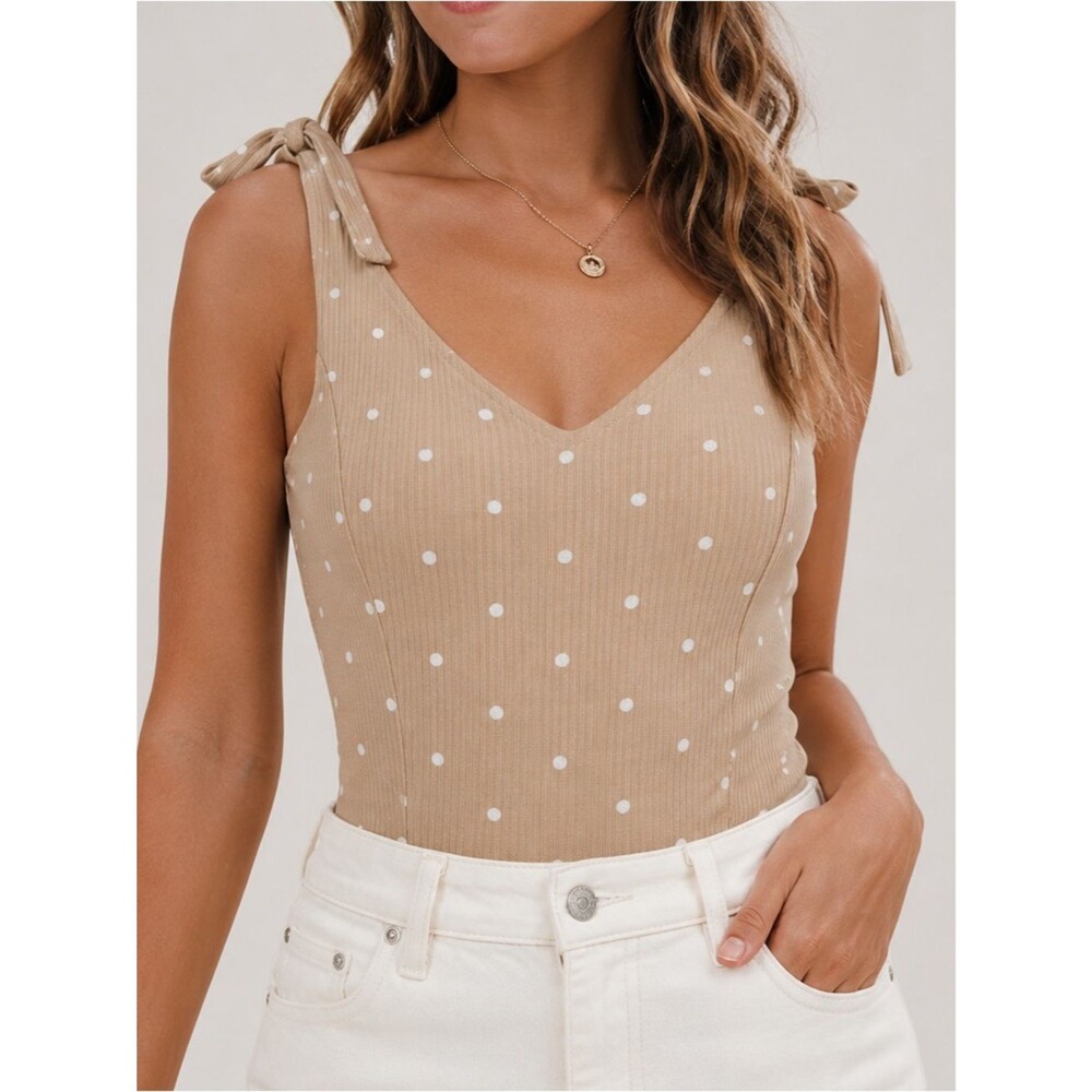 NWT Old Navy Tie Shoulder Rib Knit Bodysuit Polka Dot Beige Tan White Size Large